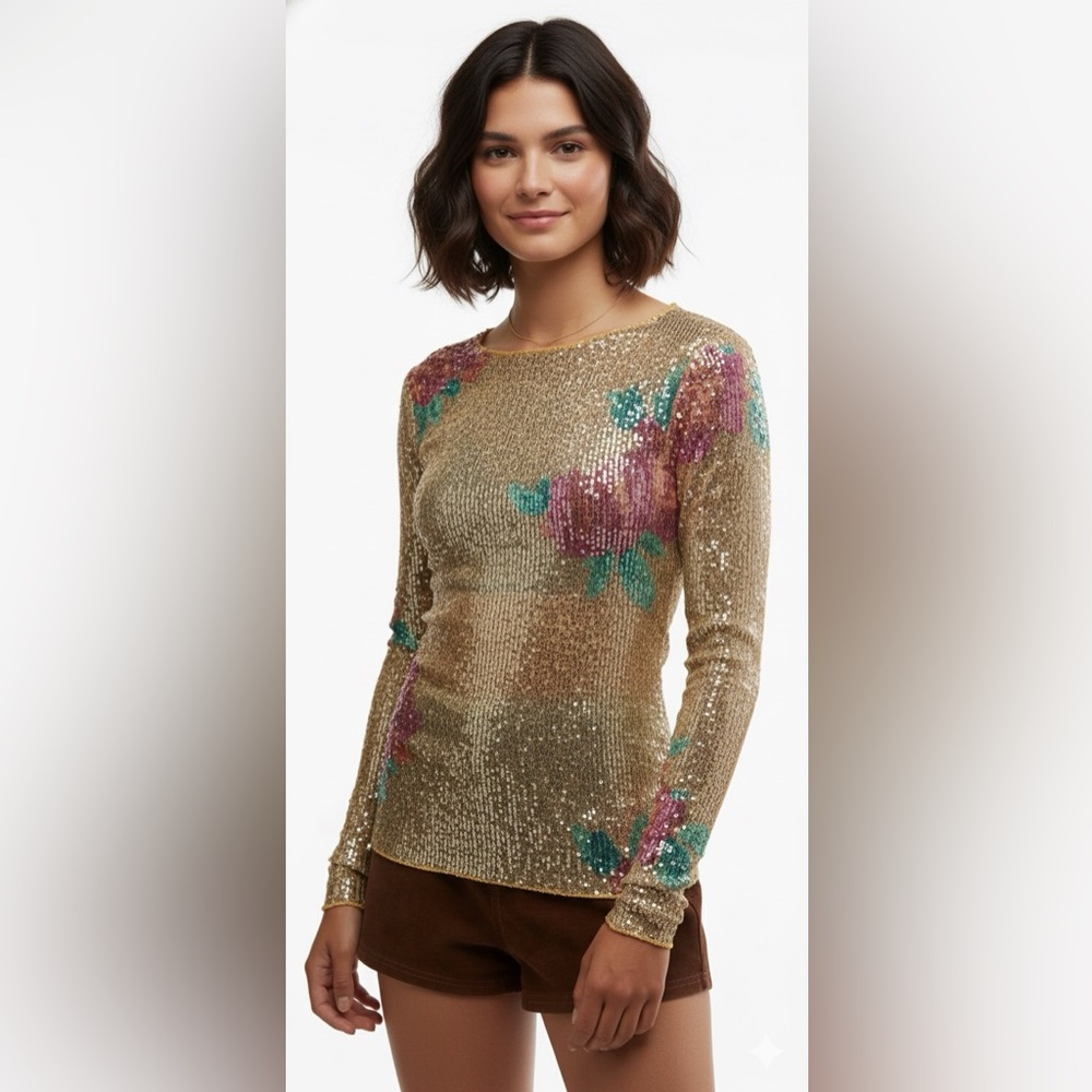 Free People Intimately Floral Sequin Long Sleeve Stretch Top XS Gold Festival